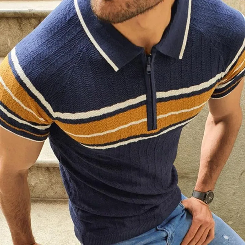 Мужская модная лоскутная швори для мужчин с короткими рукавами рубашка вязаная контрастная цветовая лацка на молнии полосатой вершины для мужчин весеннего лета