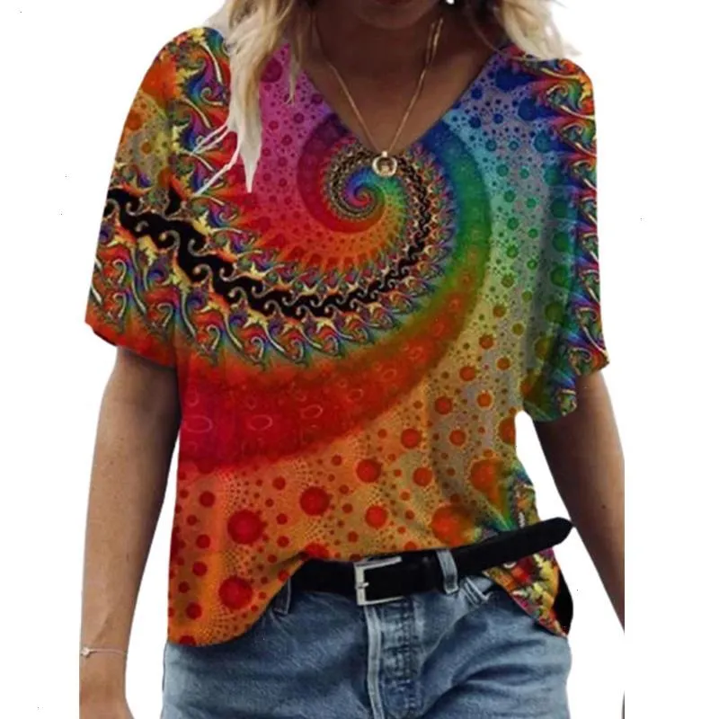 Vintage Femmes à imprimé floral T-shirt Summer Casual Short Short V-Neck dames surdimensionné Tops 3D Streetwear Abstract Taille