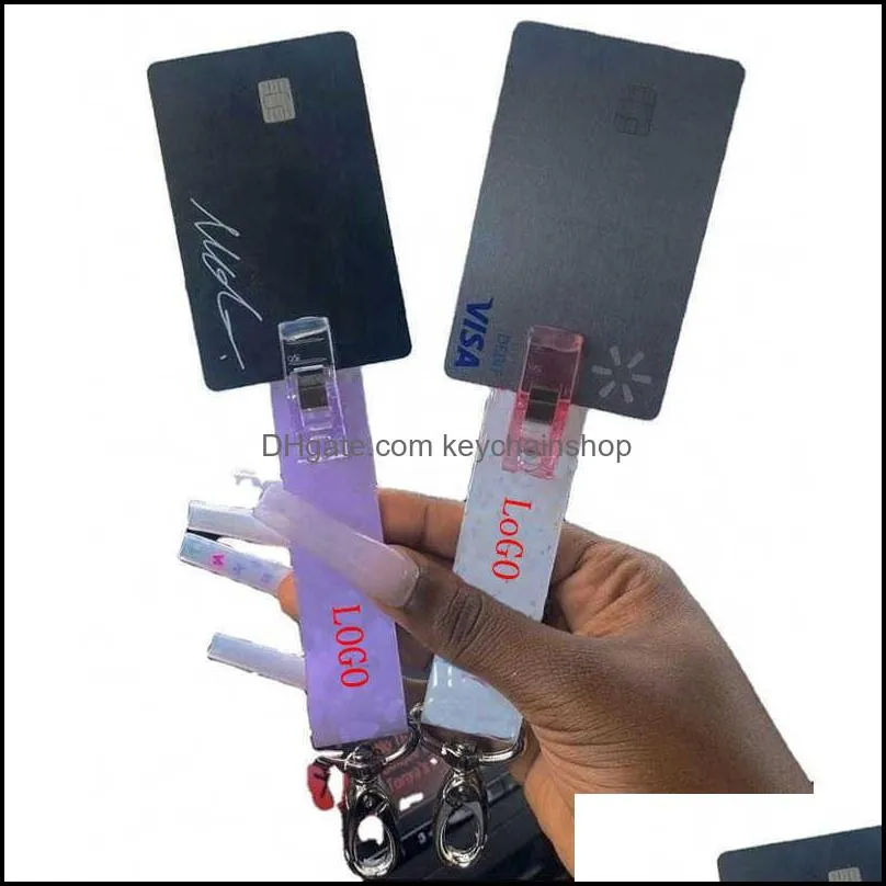 card grabber household self defense keychains women fashion cute credit cards puller pompom acrylic debit bank for long nail atm rabbit fur key rings