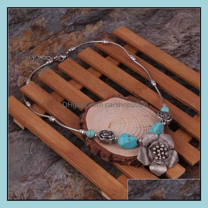 women`s rose flower tibetan silver turquoise pendant necklaces dmtqn041 fashion gift national style women diy necklace pendants