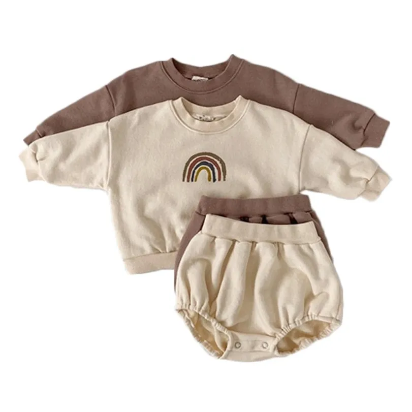 Baby Boys And Girls Rainbow Clothing Set Kids Casual Long Sleeve Pullover Sweatshirt Tops + Shorts Children Clothes 220419