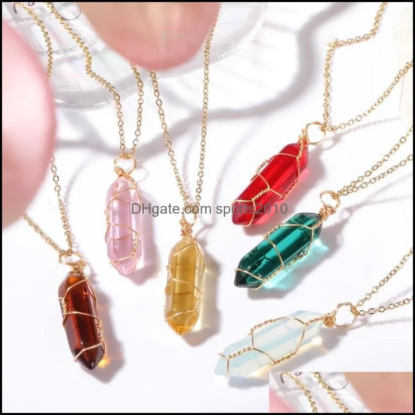 Arts And Crafts Fashion Colorf Glass Hexagonal Prism Pendant Gold Wire Wrap Necklace For Women Jewelry Wholesale Drop Del Sports2010 Dgy