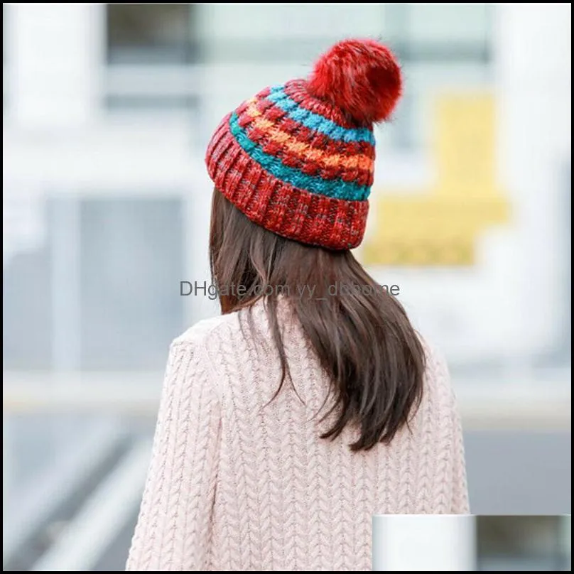 Women Fur Pom Ball Knit Baggy Bobble Hat Beanie Ski Cap Autumn Winter Female Warm Strip Beanies1