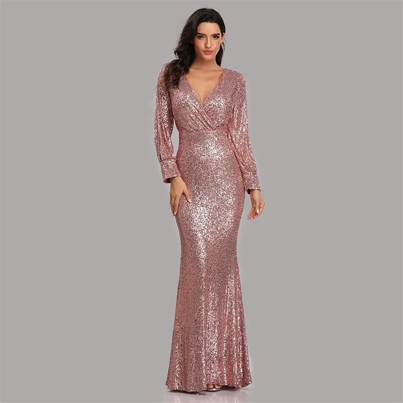 Green Gold Sequin Mermaid Evening Dress for Plus Size Women - 2022 Prom & Formal Party Gown with V-Neck and Long Sleeves