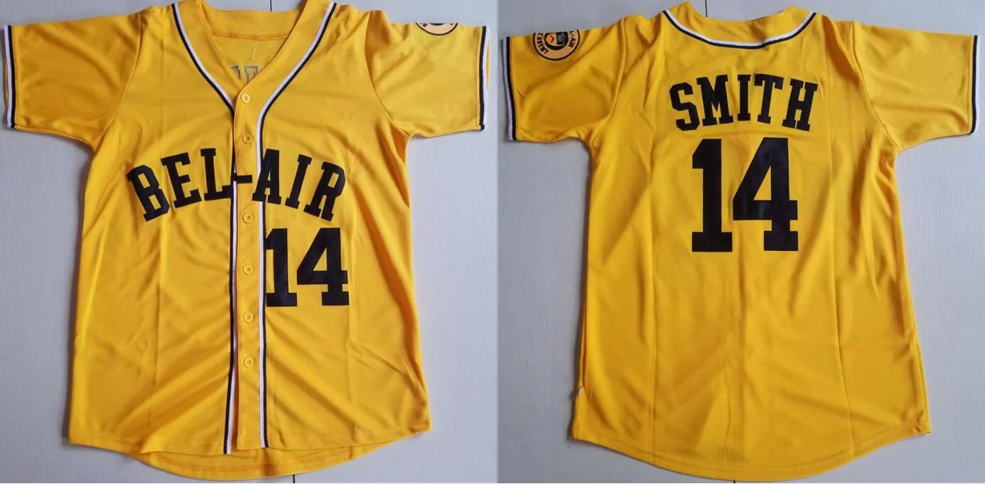 Män Moive Bel-Air Academy 14 Will Smith Baseball Jersey The Fresh Prince of Bel Air Team Color Yellow All Stitched Uniform Hip Hop for Sport Fans Breattable Cool Base