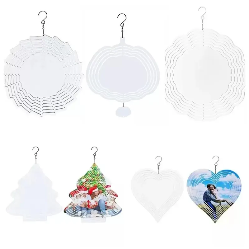 Campanelli eolici rotanti a forma di cuore di zucca vuota con sublimazione a doppia faccia per trasferimento di calore in metallo con decorazione natalizia fai-da-te