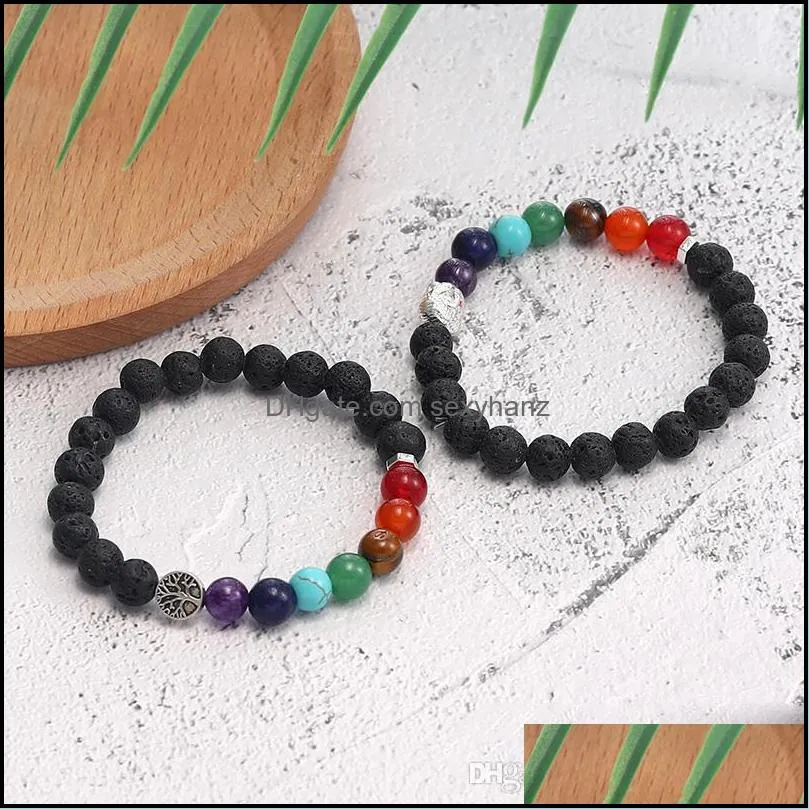 Handmade 8MM 7 Chakras Natural Lava Stone Beads Bracelet for Men Buddha Head Tree of Life Owl Elephant Charm Bracelet Fashion Jewelry