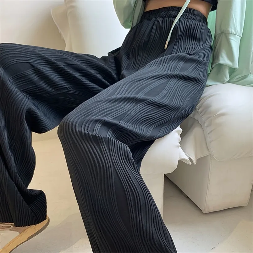 Feiernan noir large jambe bas femmes été élégant plissé Palazzo pantalon rayure pleine longueur pantalon taille haute casual élastique 220725