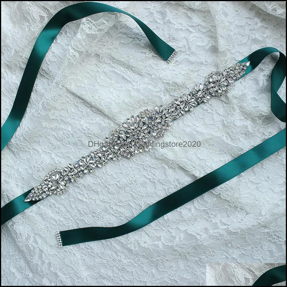 Sparkly Rhinestone Beaded Bridal Wedding Sashes White Ivory Champagne Bling Long Black Green Pink Silver Crystal Belt for Evening Prom