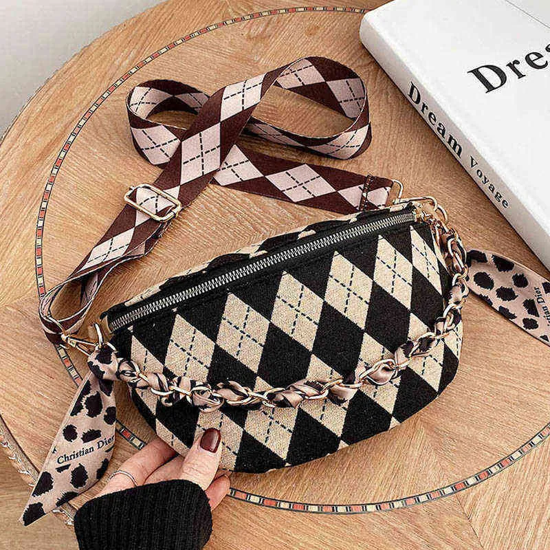 سلسلة العلامة التجارية Fanny Pack Women Plaid Canvas Bag Bag Lady Phone Phone Counter Messenger Chest S Pustome Belt 220609