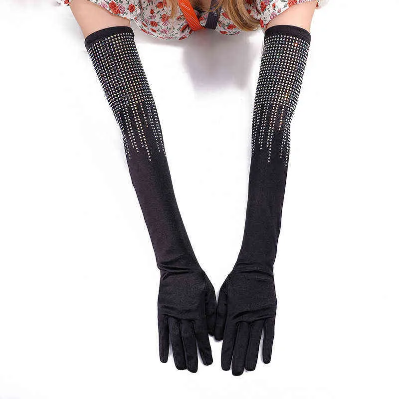 Sexy Black Stretch Satin Flash Diamond Women Long Glove Women Buddy Punk Hiphop Dinner Glove Full Finger Warm Driving Mittens r78 J220719