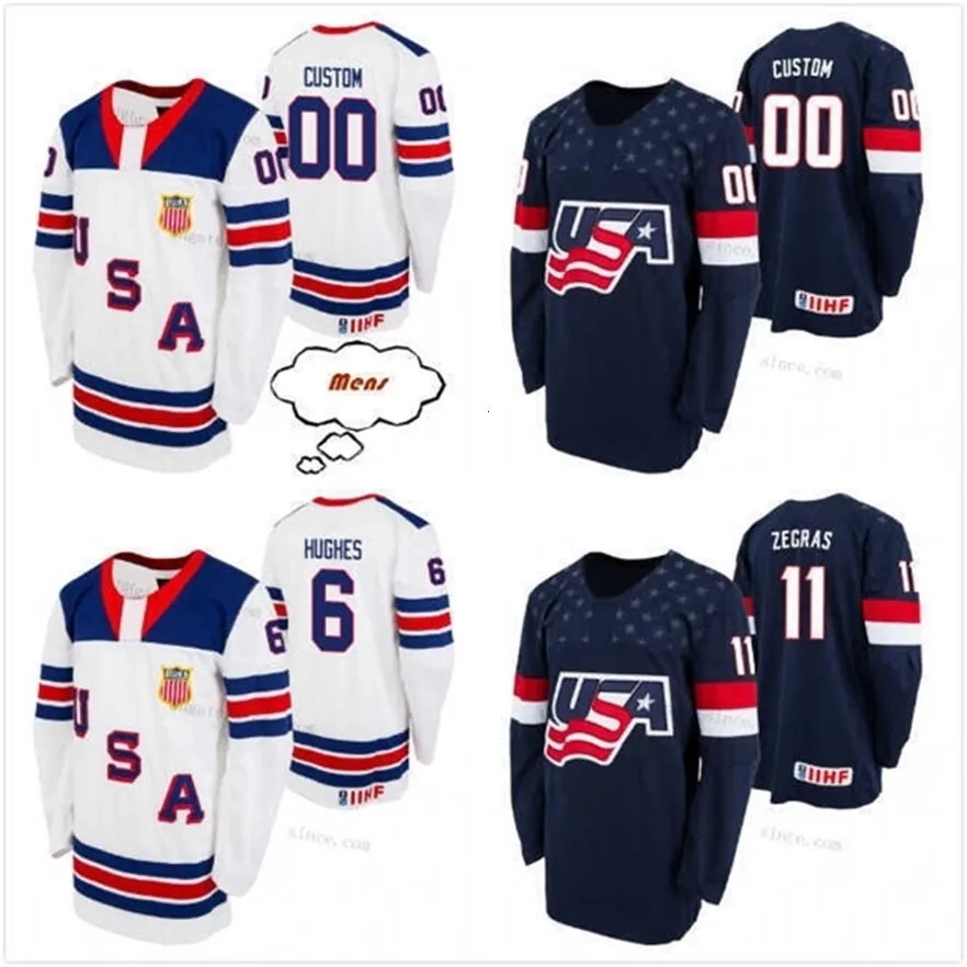 Mthr Customize мужчин женщин детей # 6 Джек Hughes S-6XL Trevor Zegras Jersey USA U18 Team 2021 Biosteel All American Game Home Белый военно-морской флот джерси