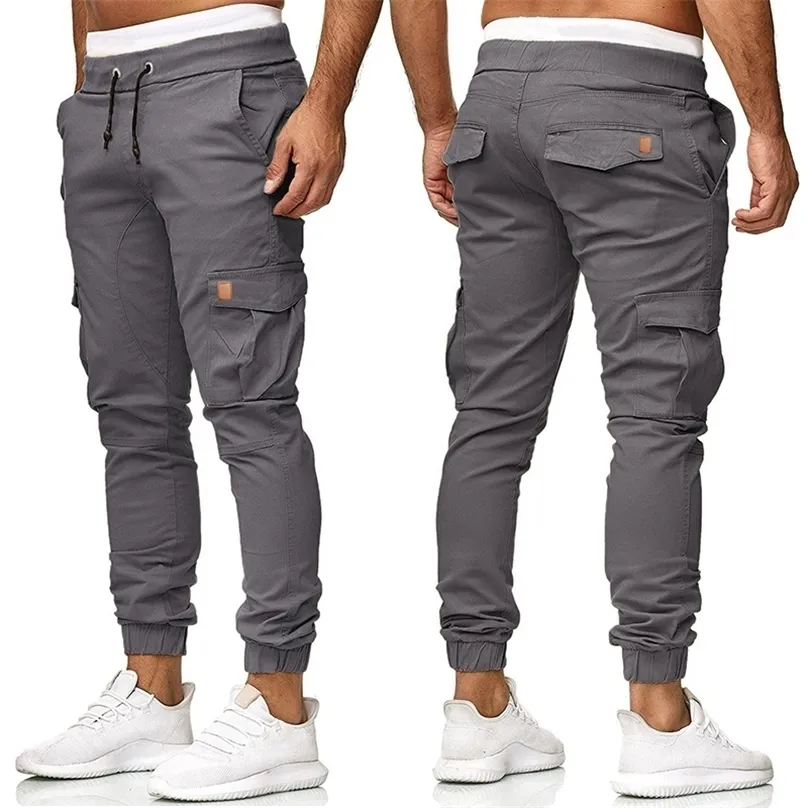 Pantalon Cargo pour hommes, jean slim, taille élastique, cordon de serrage, gris, mode Streetwear, poches à rabat, pantalons décontractés 220516
