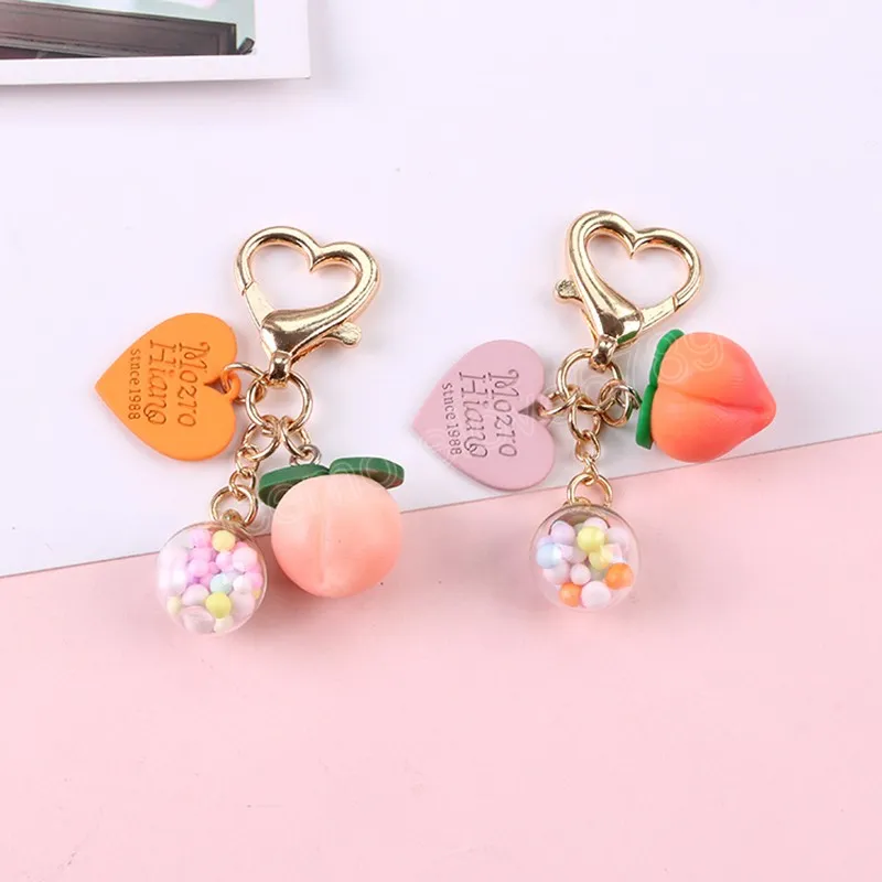 Creative Cute Pink Peach Keychains Colorful Glass Balls Key Chain Keyrings for Women Car Bakpack Charms Pendant Key Holder