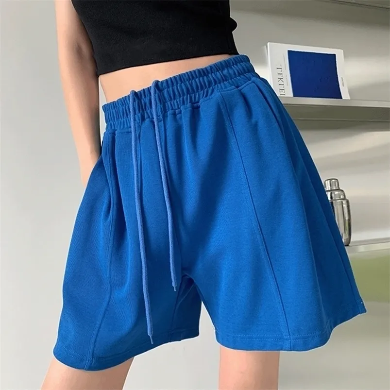 Xpqbb yaz gündelik kısa düz renkli elastik bel geniş bacak şort kadın mavi yeşil siyah gevşek spor kısa pantolon 220701
