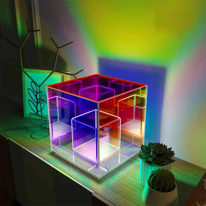 Lámpara de mesa de cubo colorido LED Lámparas de mesa de acrílico de color para sala de estar Dormitorio Nórdico Decoración del hogar Luz Noche Lámpara de noche H220423