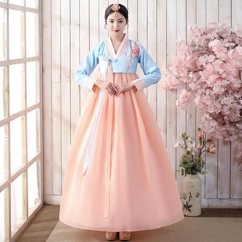 Etniska kläder kvinnliga koreanska traditionella fairy klänning kvinnor scen prestanda fluffig kostym multicolor hanbok folk topp kjol sets279h