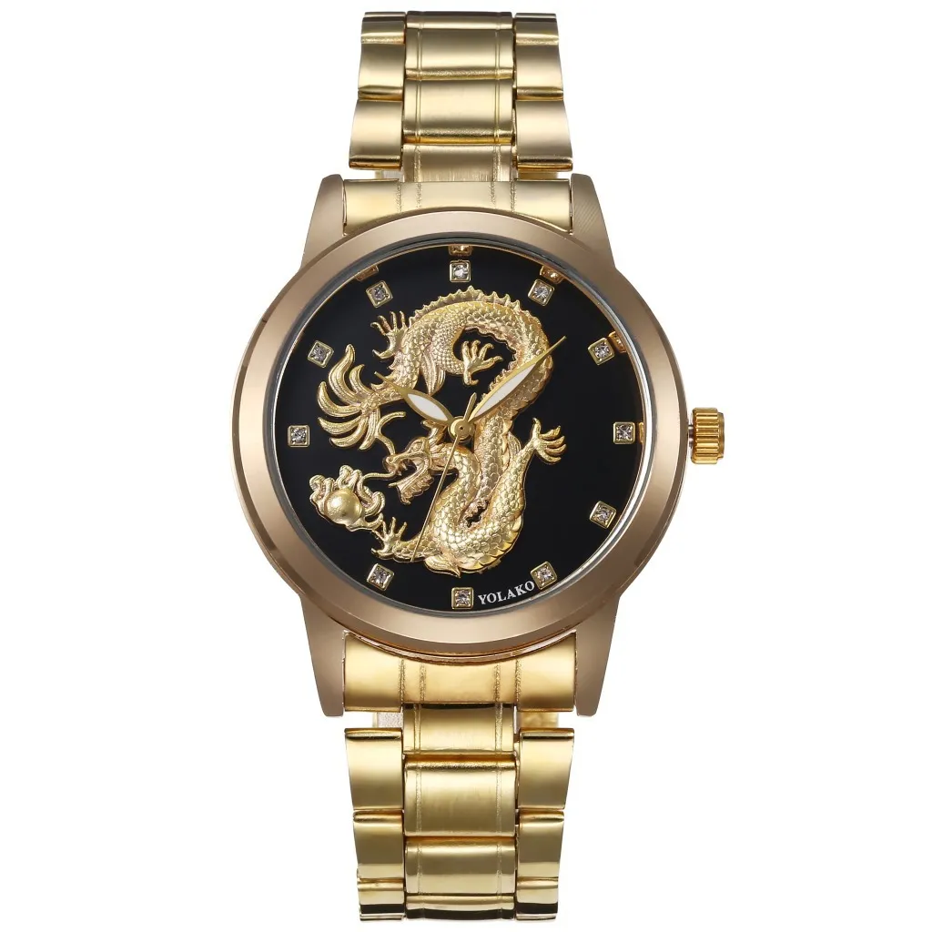 New YOLAKO Mens Dragon Watch Gold Embossed Diamond Commercial Mens