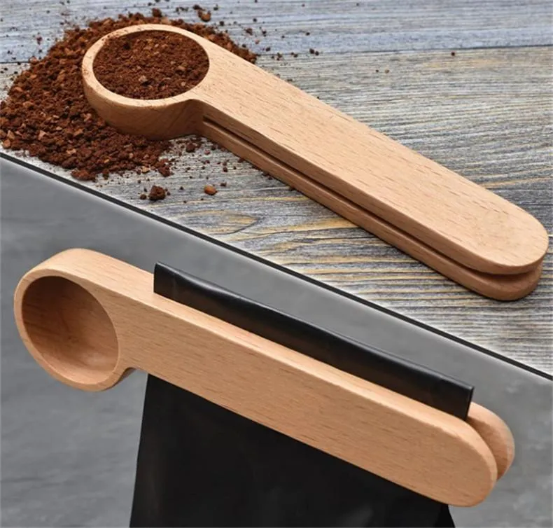 DHL Wooden Coffee Scoop With Bag Clip Tablespoon Solid Beech Wood Measuring Tea Bean Spoons Clips Gift Wholesale DH8886