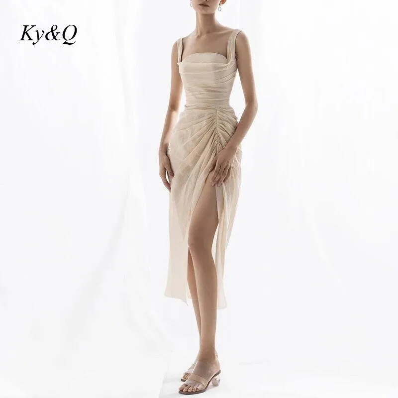 Vietnamesisk designer Summer Elegant Slim Suspender Dress Luxury Sexig Fairy Vintage Party Split Evening Dresses Female W220421