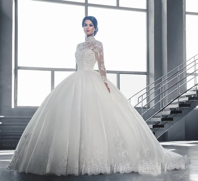 Elegant hög krage boll klänning bröllopsklänningar ny 2021 muslimska långa ärmar tåg spets approws bröllop klänningar brudklänning skräddarsy gjort billigt