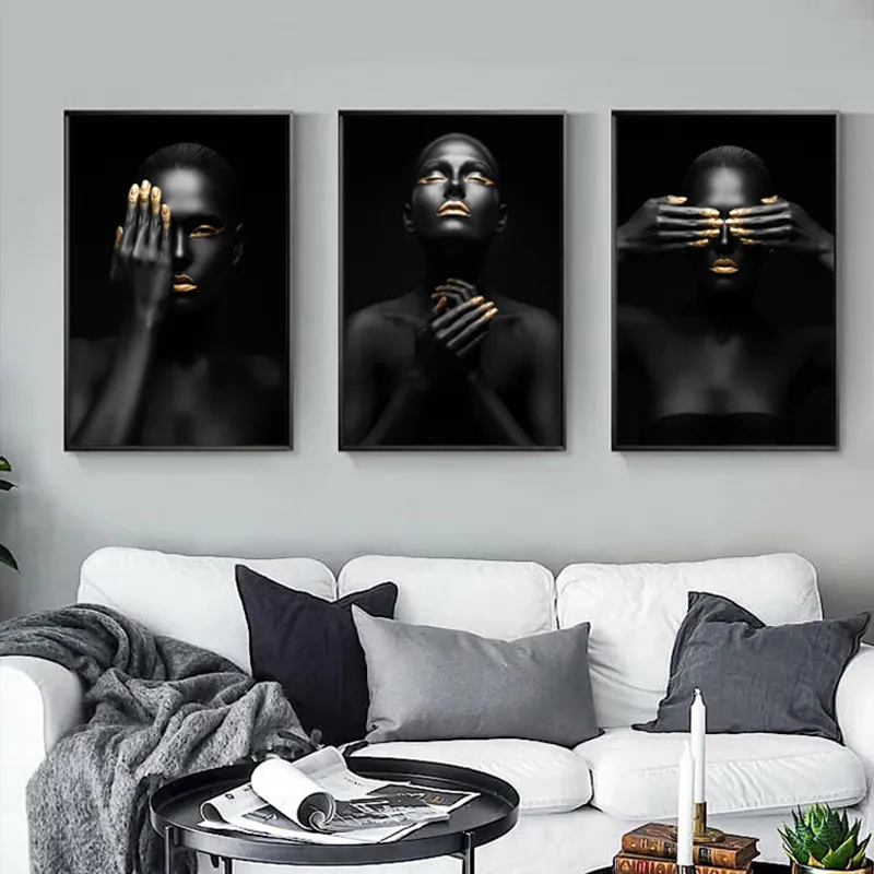Zygallop svart guldkvinna porträttduk målning bild affischer och tryck skandinavisk väggkonst vardagsrum hem dekoration