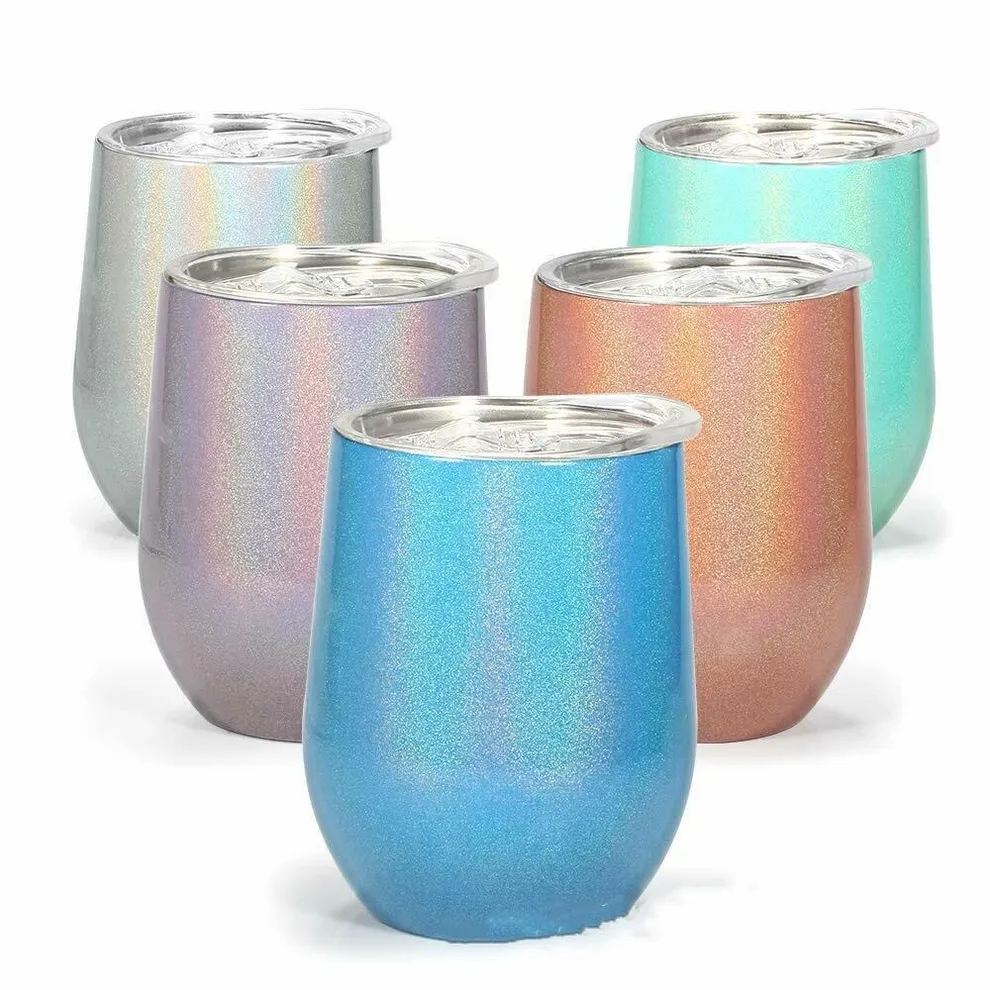 12oz rainbow glitter wine tumbler stainless steel wine tumblers mixed colors stemless glasses double wall vacuum insulated egg shaped cup 0620