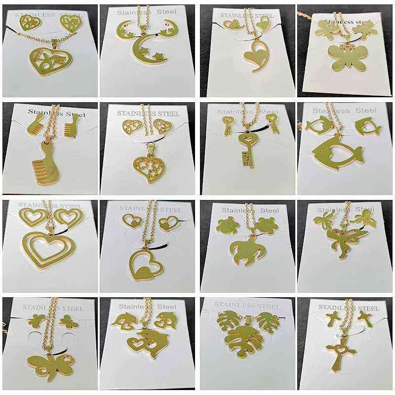 10 Sets Wholesale Gold Color Stainless Steel Moon Star Necklace Earring Jewelry Sets Random Necklace Sets for Women H220422