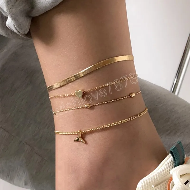 Trendy Layered Snake Chain Anklets Set for Women Fashion Charms Heart Ankle Bracelets on the Leg/Foot Chains Jewelry Girls Gifts