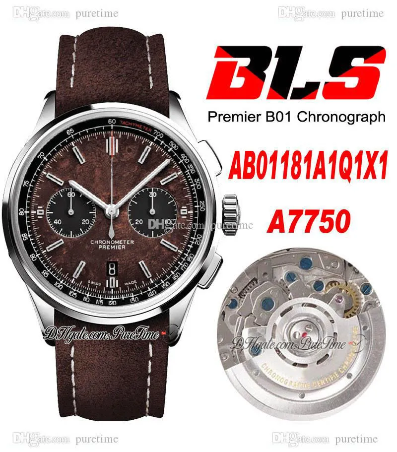 BLS Premier B01 42mm Eta A7750 Automatic Chronograph Mens Watch Steel Brown Black Dial Stick Markers Leather Strap AB01181A1Q1X1 Super Edition Puretime 03f6