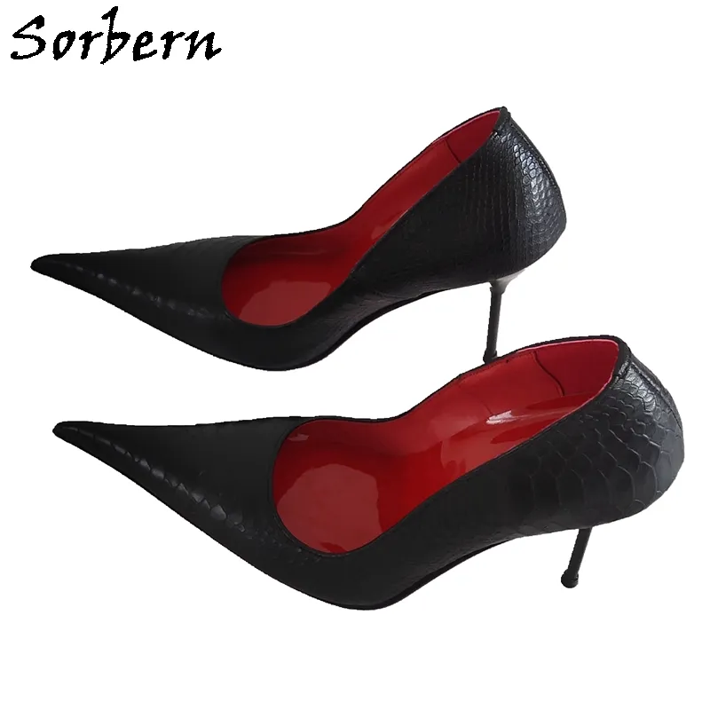 Sorbern Black Snake mulheres sapatos bomba de metal alto salto alto 12cm stilettos long winted toe deslizamento no sapato sissy meninas salto