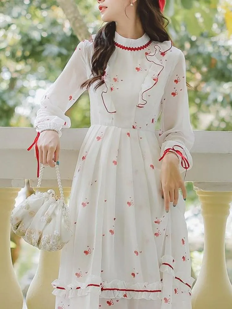 Casual Dresses Vintage Floral Elegant Dress Women Ruffle Sweet Fairy Grunge Female White Korean Lolita Summer One-Piece Chiccasual