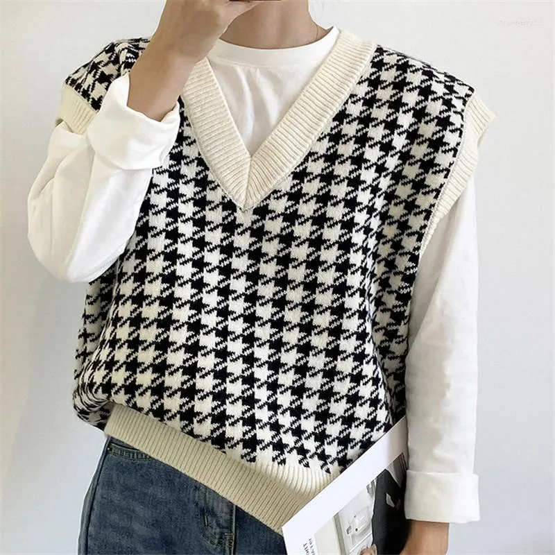 Damesvesten 2022 Vrouwen Houndstooth Losse Gebreide Vest Trui Meisjes V Hals Mouwloos Dikke Vintage Pakken Vrouwelijke Chic Tops Stra22