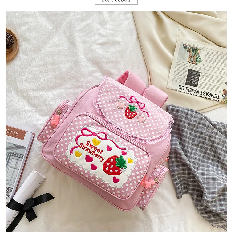 Pink Girl Embroidery Strawberry Children's Schoolbag Student Girls Birthday Gift Cartoon Children Backpack