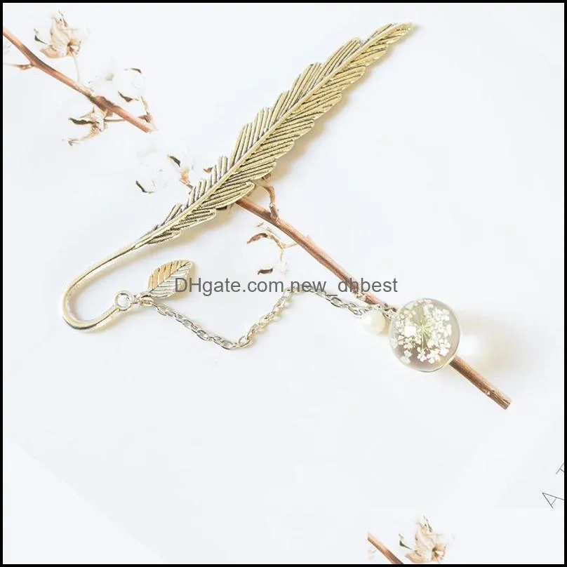 NEWBookmark Dried Flower Specimen Vintage Feather Reading Mark Metal Book Clip Hanging Beautiful For Tassel RRE11511