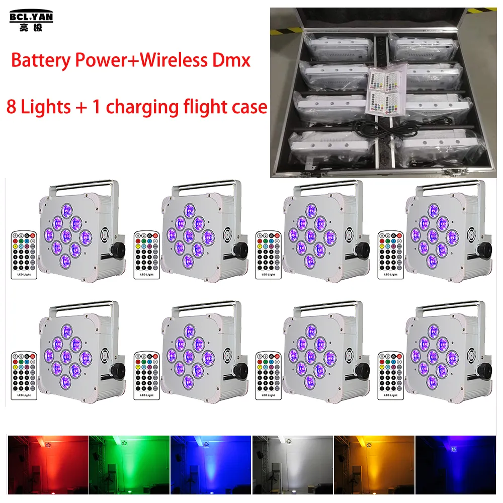 8xlot مع حالة الطيران RGBWAUV 6 في 1 بطارية تديرها اللاسلكي DMX Flat Par Uplighting / Wireless DMX LED LID LIGHT / WEDDANDS 9 X18W IR REMOTE