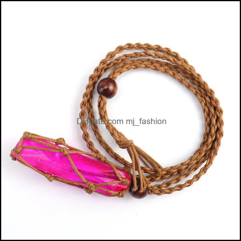 healing crystal column dyed natural stone pillar pendant weave net bag charms green pink crystals brown rope chain necklaces mjfashion