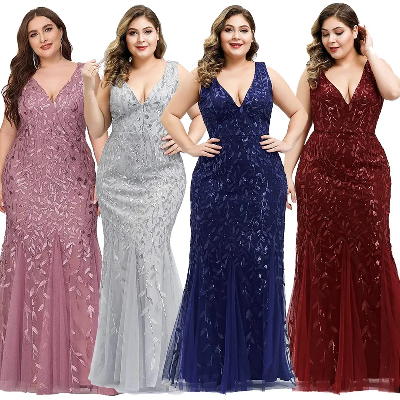 Plus Size Sleeveless Cocktail Dress V Neck Back Mermaid Party Prom Gowns Tulle Sequins Full estidoes Women 220527