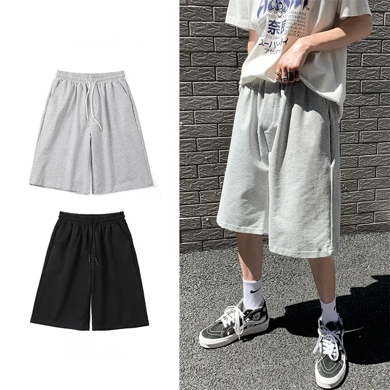 Shorts décontractés droits hommes vêtements été coréen surdimensionné couleur unie Simple cordon Baggy mâle pantalons de survêtement 220715