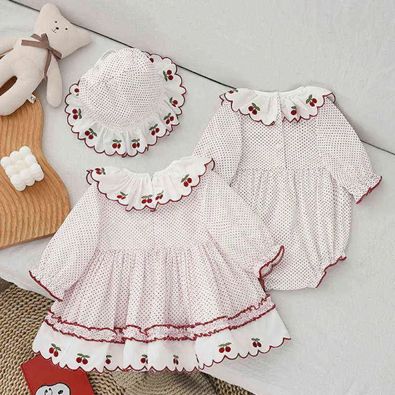 Bahar Aile Eşleştiren Kardeş Kıyafetler Uzun Kollu Dot Kiraz Romper+Prenses Bebek Elbise İkizler Sevimli Giysiler Kıyafetler E9192