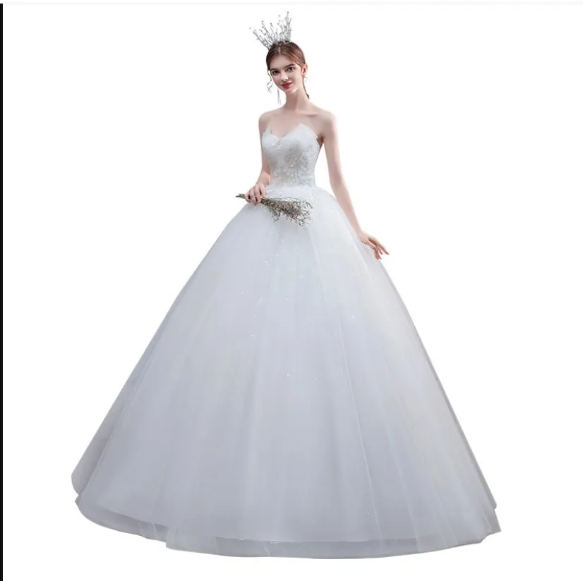 ローブデマリエイ新しいウェディングドレスストラップレスアップリケ真珠レースファッション卸売シンプルな花嫁のドレスヴェスディドデノヴィア