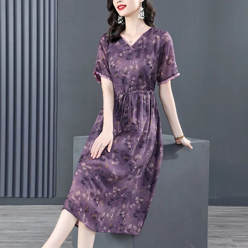 8816# YM Ladies New Summer Loose Dresses V-neck Short Sleeve Printing Women Fashion Belt Lacing Up Casual Dress With Pockets M-XXXL