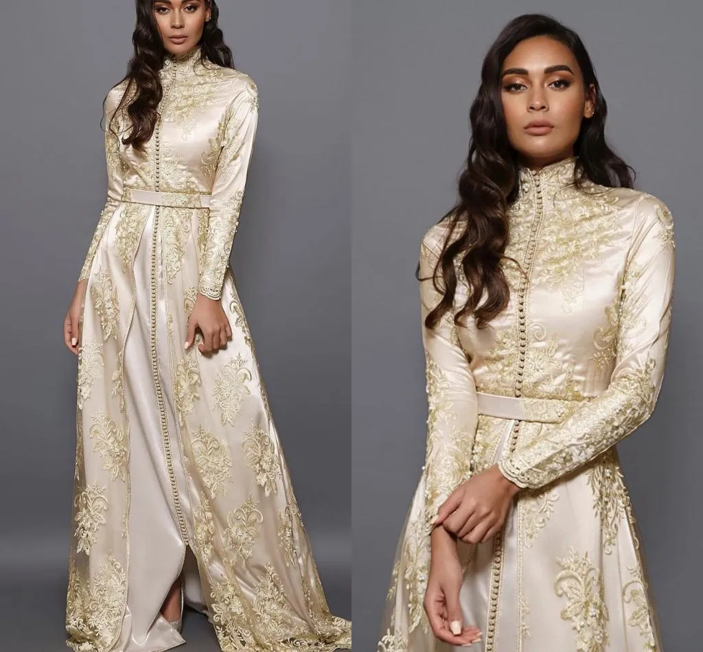 Vintage Long Sleeves ivory Moroccan Caftan Evening Dresses 2022 high neck muslim lace kaftan Special Occasion Dubai Formal Prom Dress