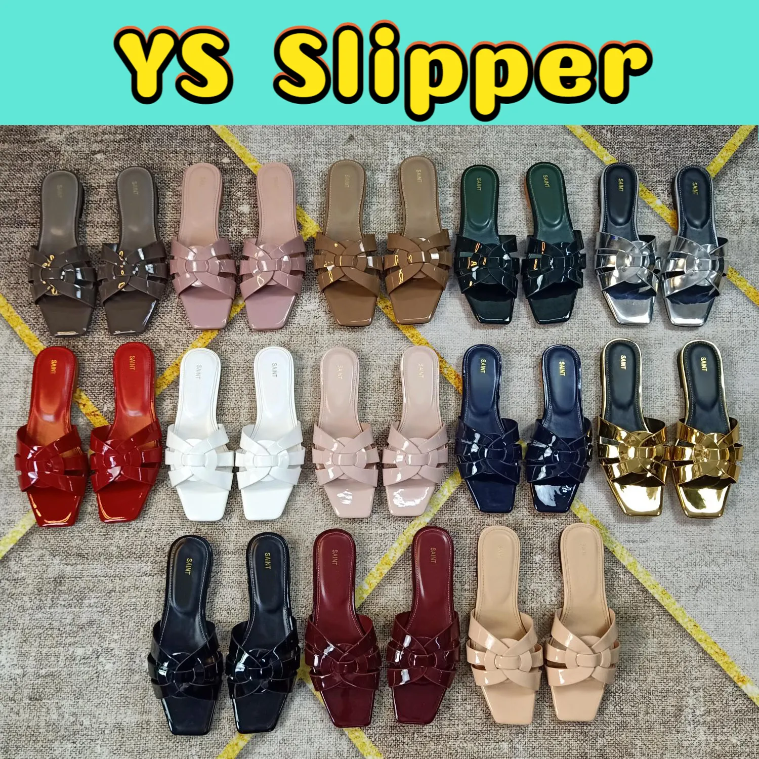 Designer slipper Tribute Flat Leather interwining straps YS Slide Sandals beach women shoes Amber black Nappa Amber grey Croc Embossed red Silver Patent slippers