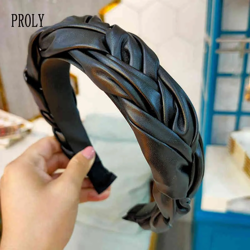 PROLY New Fashion Hair Accessories For Women Leather Hairband Cross Knot Braid Headband Adult Wide Side Headwear Hair Hoop AA220323