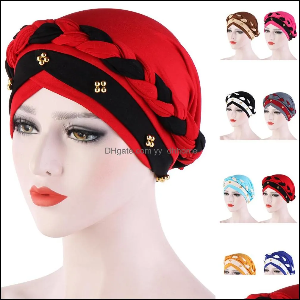 Beanie/Skl Berretti Cappelli Cappelli Sciarpe Guanti Accessori moda Donne musulmane Cappello Hijab Berretto Chmeo Treccia Perline Turbante Foulard Testa islamica W