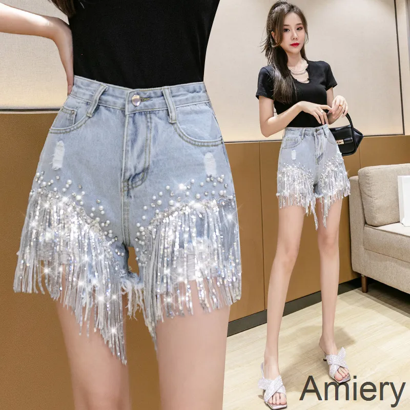 Kvinnliga jeans shorts 2022 sommar elegant mode hög midja diamantbockade rhinestones paljetter för damer