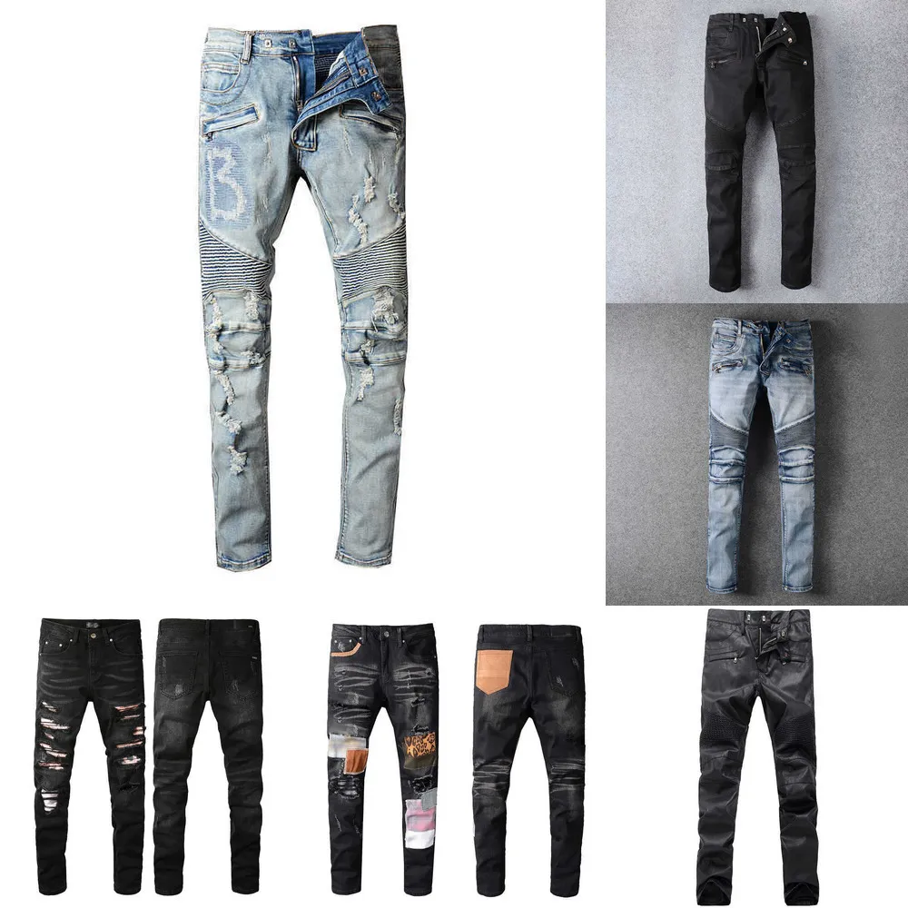 Jeans mode rippade kläddesigner byxor ljus blå män smal denim rak cyklist hål hip hopp jeans mencowboy