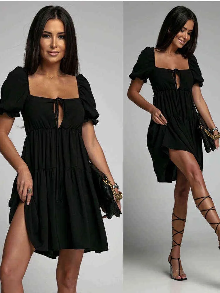 Summer Black Dress Fashion Casual Loose Square Collar Kort ärm Elegant Holiday Beach Party Mini Dresses For Women Robe Femme Y220526