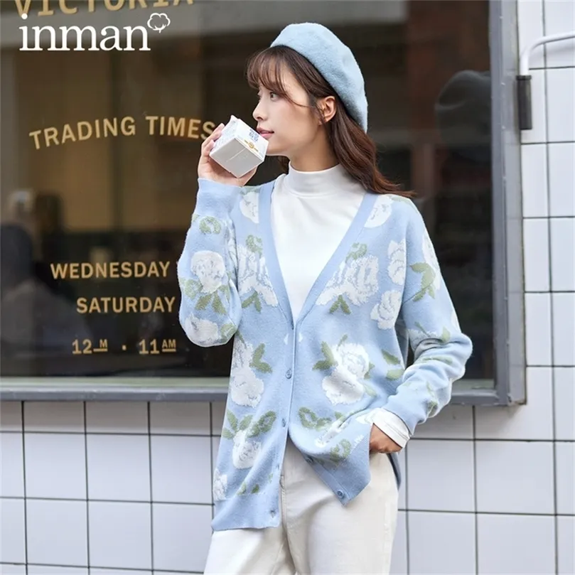 INMAN Autumn Winter Arrival Pastoral Girl V-neck Rose Jacquard Cardigan Sweater Gentle Lady Jacket Sweater For Female 201223